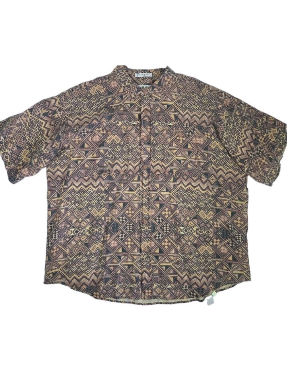 Orvis Vintage Aztec Pattern Linen Blend Camp Shirt Size XXL Brown Southwestern